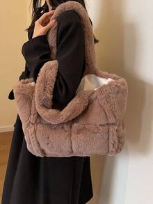 MOBAOFANG 休閒秋冬新時尚毛絨女手提袋,大容量手提袋可愛的純色袋適用於日常使用 - 卡其色 - 查看 5