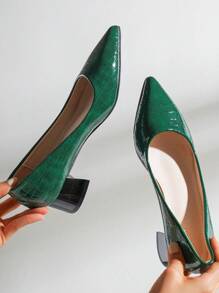 Women's Pointed Stone-Patterned Red 4cm High Heels, Chunky Heel Green Pumps, Navy Blue Low-Cut Casual Shoes With A Superior Look For Autumn