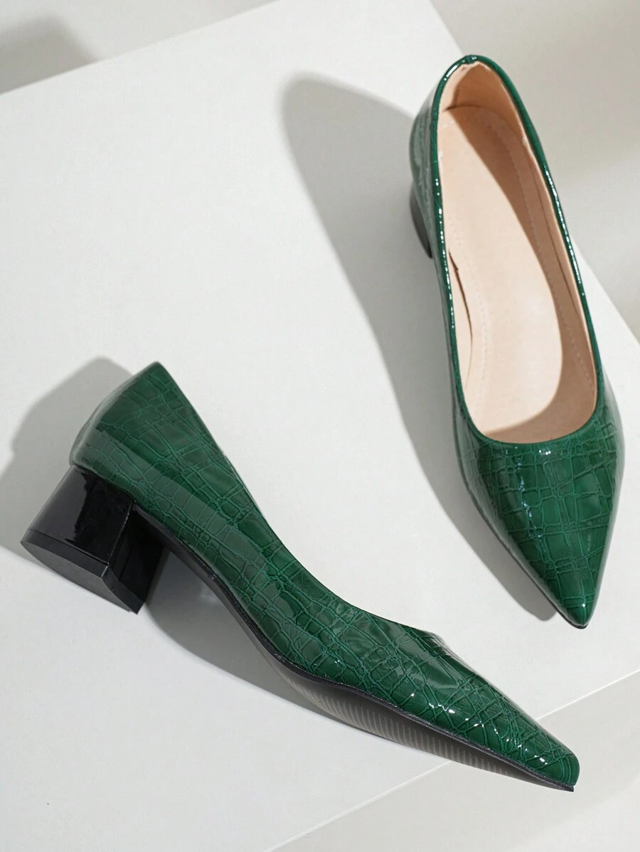 Women's Pointed Stone-Patterned Red 4cm High Heels, Chunky Heel Green Pumps, Navy Blue Low-Cut Casual Shoes With A Superior Look For Autumn