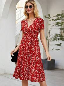Y2K Vestido boho floral con cuello en V para mujer - Rojo - Ver 3
