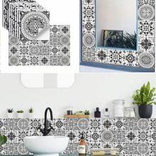 24pcs Retro Black/White/Grey Flower Tile Stickers For Kitchen & Oil-Proof Wall Decals For Home Decor, Wall Tile Improvement, 15x15cm - Black and White - View 5