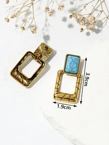 1對矩形合金嵌石效樹脂復古流行耳環 - 藍色 - 查看 4