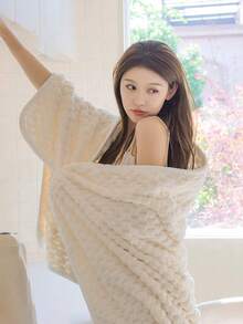 1pc Coral Fleece Towel Thin Striped, Multiple-Purpose Towel For Bath, Kitchen, Hand, Coral Fleece - White - View 5