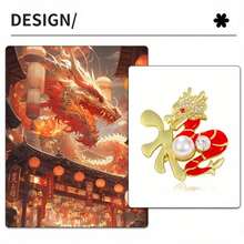 1件風創意珍珠鑲鑽龍形“福”字胸針，生肖龍年象徵，生日禮物，節日風高端胸針配件禮品 - 紅色 - 查看 3