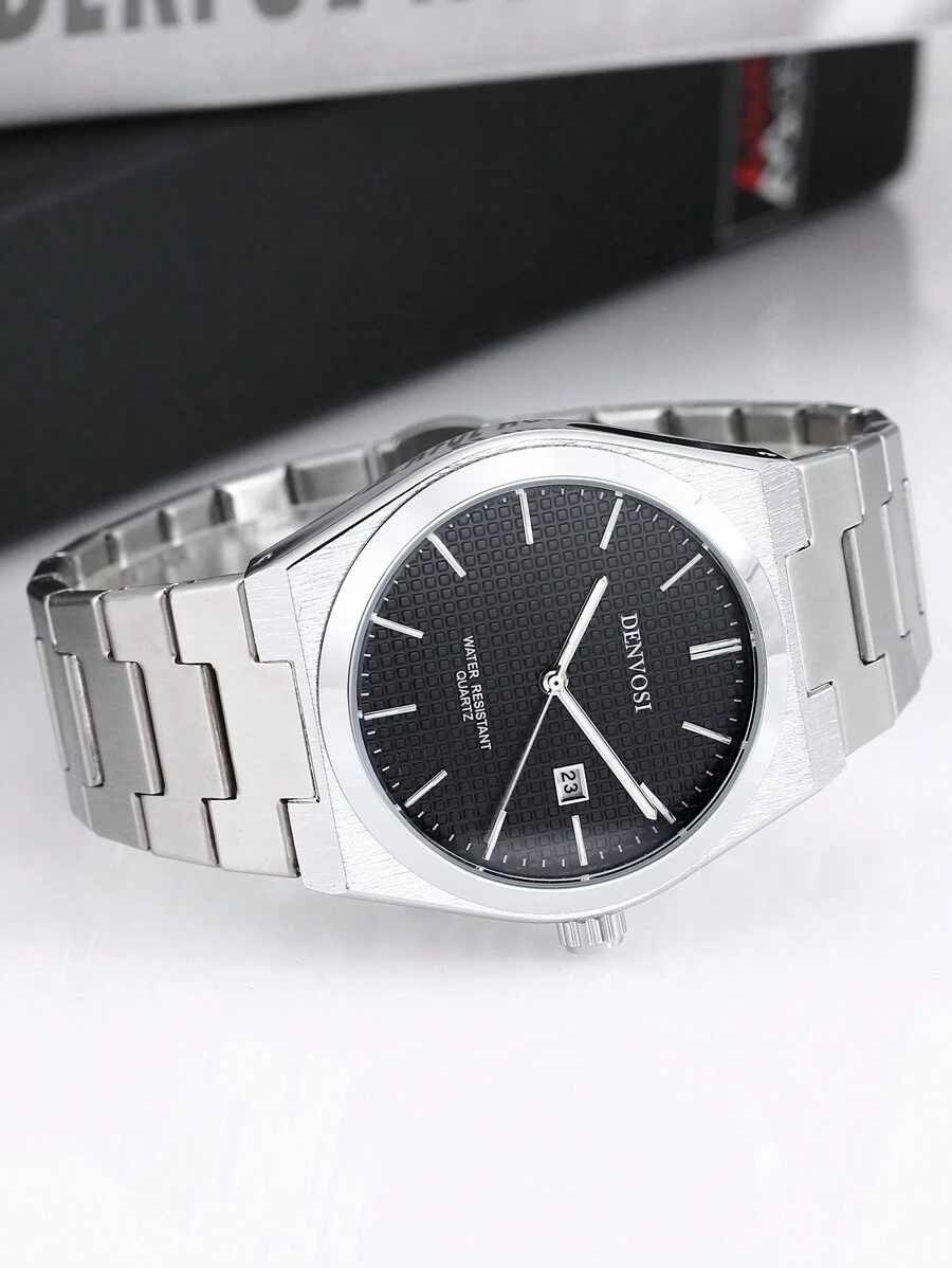1pc Men Stainless Steel Strap Fashion Business Waterproof Luminous Date Display Quartz Wristwatch Daily Decor Father - Silver - View 1