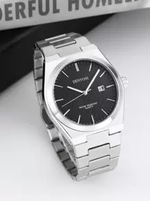 1pc Men Stainless Steel Strap Fashion Business Waterproof Luminous Date Display Quartz Wristwatch Daily Decor Father - Silver - View 2
