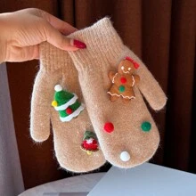 女士冬季羊毛混紡針織手套,雙層設計,內裡有毛絨絨,厚實和保暖,聖誕假期手套 - 卡其色 - 查看 1