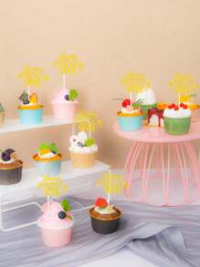 12入組新年快樂杯子蛋糕插牌閃爍煙花蛋糕尖,用於迎接2024新年假日主題派對蛋糕裝飾用品 - 金色 - 查看 3