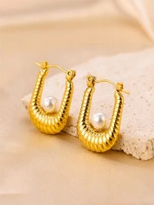 1pair Fashionable U-Shaped Titanium Steel 18k Gold Plated Enamel & Pearl Decor Hoop Earrings Suitable For Women'S Daily Wear - U Shaped Earrings - View 1