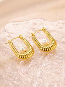 1pair Fashionable U-Shaped Titanium Steel 18k Gold Plated Enamel & Pearl Decor Hoop Earrings Suitable For Women'S Daily Wear - U Shaped Earrings - View 3