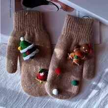 女士冬季羊毛混紡針織手套,雙層設計,內裡有毛絨絨,厚實和保暖,聖誕假期手套 - 卡其色 - 查看 2