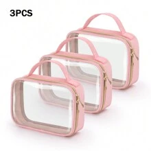 Bộ 3 túi đựng đồ trang điểm du lịch trong suốt, túi đựng đồ vệ sinh cá nhân đạt chuẩn TSA, túi đựng đồ trang điểm trong suốt có quai xách, túi đựng đồ vệ sinh cá nhân trong suốt dung tích một lít, túi đựng mỹ phẩm trong suốt bằng PVC hai lớp dành cho nam và nữ, túi xách xách tay tuân thủ quy định của hãng hàng không. - Hồng - Xem 1