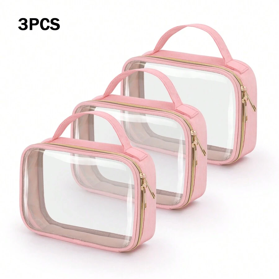Bộ 3 túi đựng đồ trang điểm du lịch trong suốt, túi đựng đồ vệ sinh cá nhân đạt chuẩn TSA, túi đựng đồ trang điểm trong suốt có quai xách, túi đựng đồ vệ sinh cá nhân trong suốt dung tích một lít, túi đựng mỹ phẩm trong suốt bằng PVC hai lớp dành cho nam và nữ, túi xách xách tay tuân thủ quy định của hãng hàng không. - Hồng - Xem 1