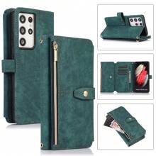 Classic Fashion Color Double Clamshell Card Slot Storage Card Scratch-Resistant Leather Phone Case Compatible With Samsung Galaxy S22 S22 Ultra S23 Plus All-In-One Phone Case That Folds And Acts As A Phone Stand Compatible With Samsung Galaxy S22Plus S23FE S23 S23 Ultra - Green - View 1