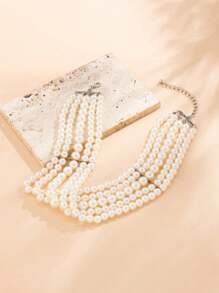 1pc Fashionable Atmosphere Multi-Layered Exaggerated Faux Pearl Collarbone Necklace, Asymmetrical Beaded Charm Necklace, Ladies' Wedding Jewelry And Festival Gift
