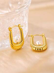 1pair Fashionable U-Shaped Titanium Steel 18k Gold Plated Enamel & Pearl Decor Hoop Earrings Suitable For Women'S Daily Wear - U Shaped Earrings - View 2