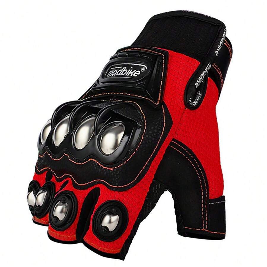 1 Pair Half Finger Summer Motorcycle Gloves With Stainless Steel Protection Shell For Anti-Slip, Anti-Fall, Anti-Collision, Racing, Off-Road, Retro Style - Red - View 1