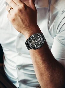 VA VA VOOM 1pc Black Stainless Steel Strap Fashionable Glow In The Dark Round Dial Quartz Watch, For Daily Life - Black - View 7