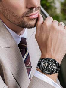 VA VA VOOM 1pc Black Stainless Steel Strap Fashionable Glow In The Dark Round Dial Quartz Watch, For Daily Life - Black - View 3