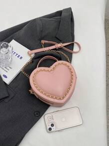 时尚女士 PU Y2K 心形手提包，热销女孩纯色金属链条单肩包，PU 双拉链斜挎包，适合约会，适合女孩约会、购物派对等日常旅行，有趣的情人节礼物情人节 - 粉色 - 查看 6
