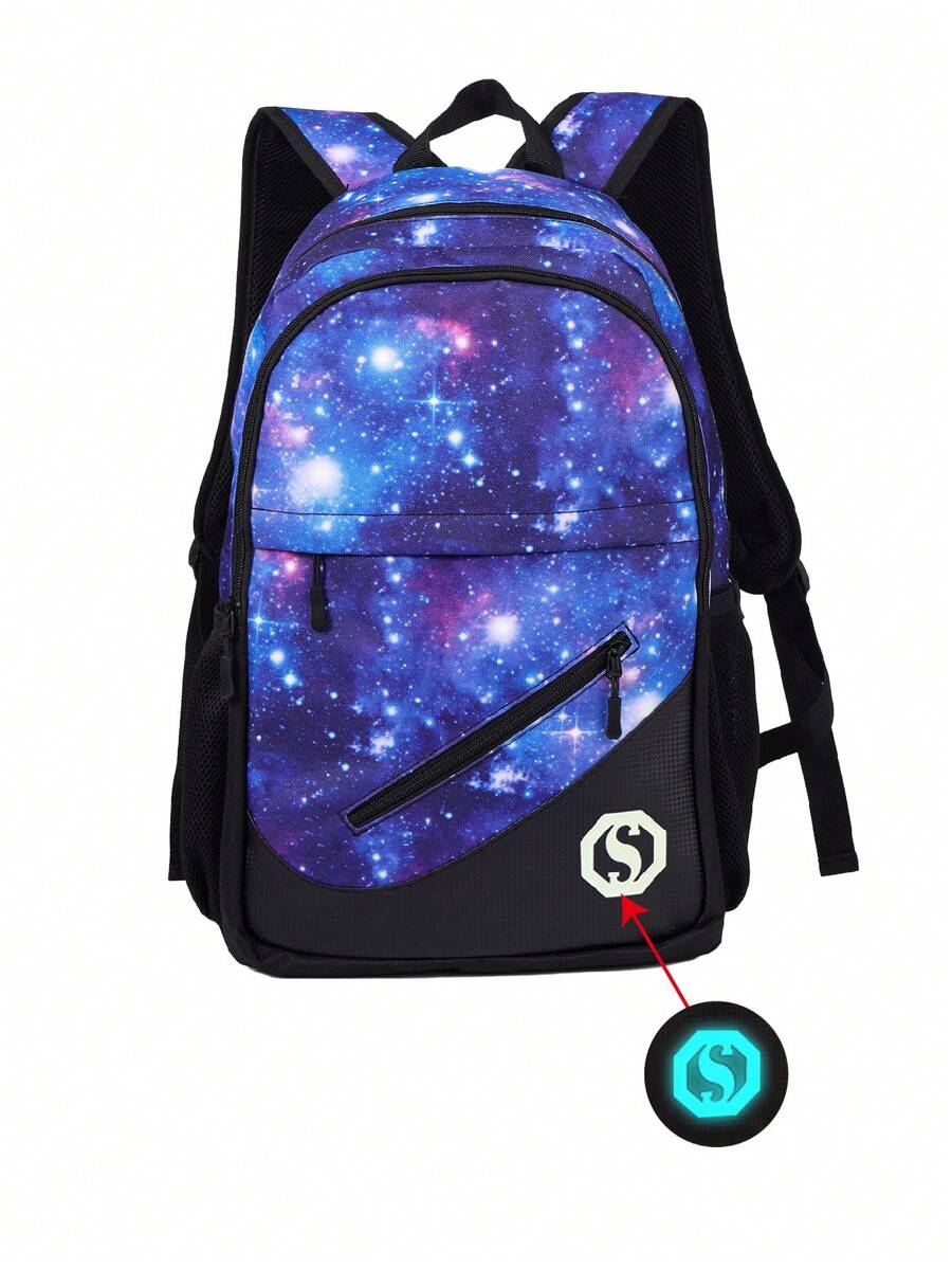 18.5英寸/47cm 3入組男女童用背包、午餐盒和文具盒。適用於露營、旅行、日常休閒使用。具有加厚背板和可調節肩帶、印花設計、時尚穿搭。 - 藍色 - 查看 1