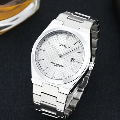 1只Denvosi男士不鏽鋼手錶帶時尚商務防水發光石英手錶，帶日期顯示，作為日常裝飾和父親禮物