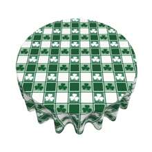 1pc Waterproof Spill-Proof Patrick Green Shamrock Leaves Plaid Print Round Tablecloth, Decorative Polyester Fabric Table Cloth, Suitable For Home Outdoor Wedding Anniversary Party Festival Coffee Picnic Mat - White - View 3