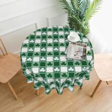 1pc Waterproof Spill-Proof Patrick Green Shamrock Leaves Plaid Print Round Tablecloth, Decorative Polyester Fabric Table Cloth, Suitable For Home Outdoor Wedding Anniversary Party Festival Coffee Picnic Mat - White - View 1