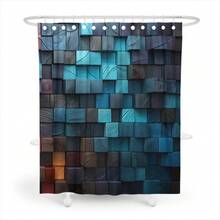1入方格圖案淋浴簾,現代藝術風格聚酯纖維浴室裝飾防水窗簾,化妝室隱私屏幕面板,樹皮方塊紋理,適用於四季使用 - 藍色 - 查看 3