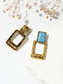 1對矩形合金嵌石效樹脂復古流行耳環 - 藍色 - 查看 3