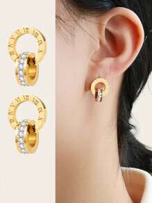 1雙耳環由無鎳鈦鋼製成,中空圓圈設計,羅馬數字圖案和閃閃發亮的裝飾耳釘,優雅性感風格,女性禮物 - 金色 - 查看 1