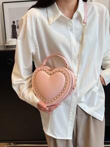 时尚女士 PU Y2K 心形手提包，热销女孩纯色金属链条单肩包，PU 双拉链斜挎包，适合约会，适合女孩约会、购物派对等日常旅行，有趣的情人节礼物情人节 - 粉色 - 查看 2