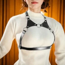 女士胸罩肩帶身體安全帶 Pu 皮革 Croset 束縛吊襪帶俱樂部服 - 黑色 - 查看 3