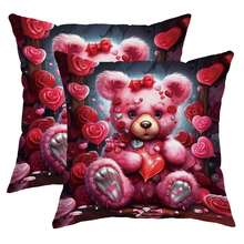 2Pcs Bear Rose Heart-Shaped Purple Valentine'S Day Throw Pillow Covers, Valentine'S Day Cute Mechanical Goth Cool Pillow Covers, Velvet 45*45Cm/18"*18" Decorative Cushion Covers, Suitable For Home Decoration Party Gifts Living Room/Bedroom/Sofa/Bed Decoration - Red - View 1