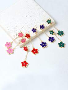 1pair Fashionable Multicolor Five-petal Flower Shaped Long Dangle Earrings With Heart Shaped Middle Pendant, Suitable For Women & Girls' Elegant Style Tassel Ear Jewelry Clothing Accessories - Black - View 1