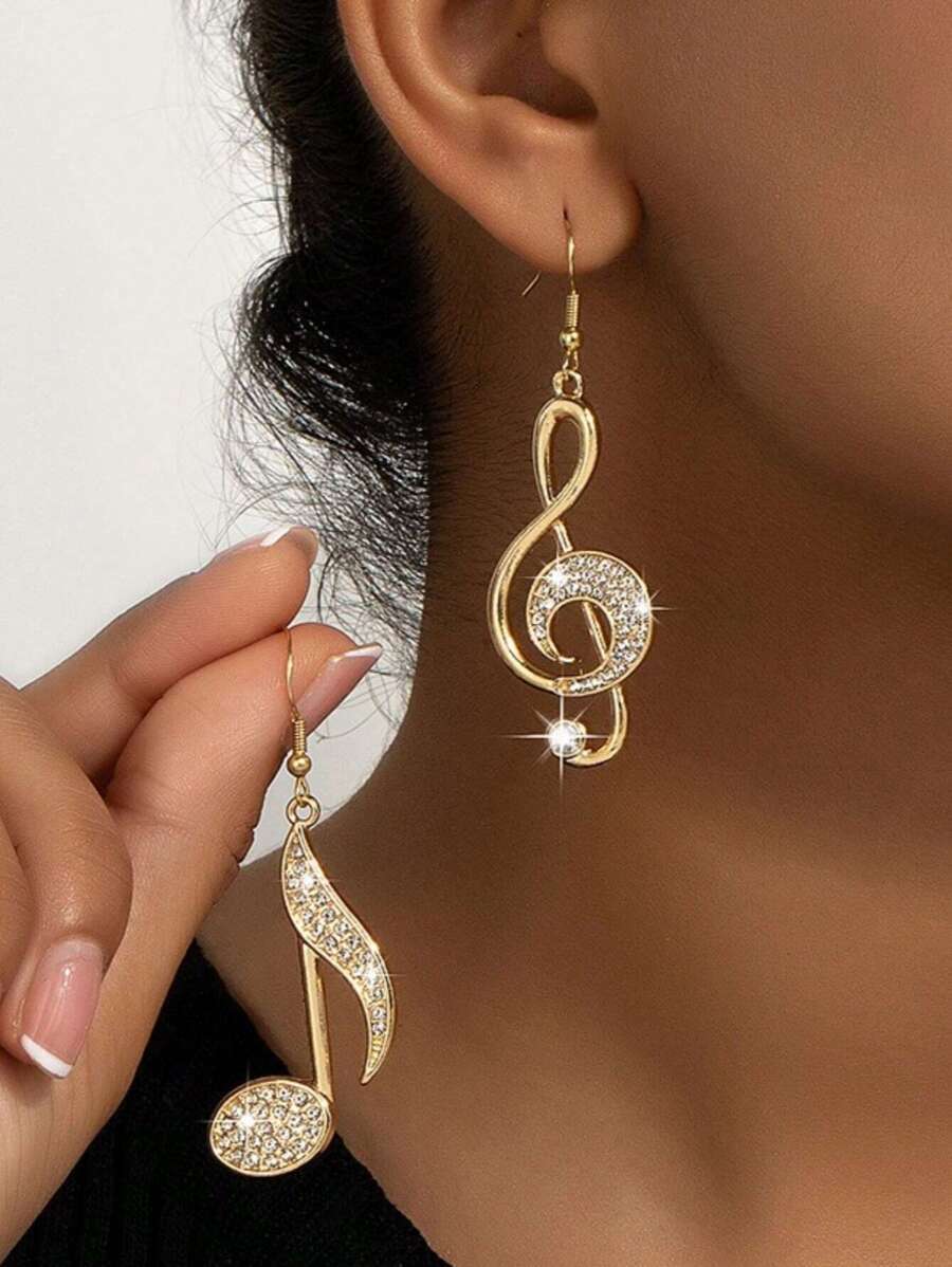 Exquisite Gold Color Music Note Design With Shining Rhinestone Women's Earrings - Ideal Gift For Festival Or Music Lovers Valentines,Mom,Mother,Mother's Day,Gift - A - View 1