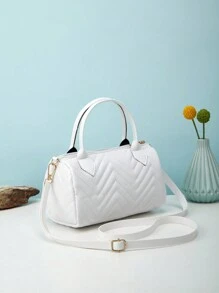 Chevron Detail Boston Bag Double Handle With Zipper White PU Embossing Butterfly Decor Crossbody Bag PU Leather Textured Bag Classic Fashion Versatile Shoulder Bag - White - View 1