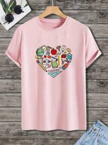 Camisa con estampado de letras para mujer Camiseta casual suelta con estampado gráfico Camiseta de moda casual - Rosa - Ver 5
