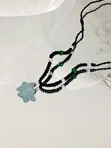 1條新中式風格獨特設計極簡手工珠子星形掛墜黑繩項鍊,女性復古珠寶鎖骨鏈,適合日常佩戴 - 星星 - 查看 3