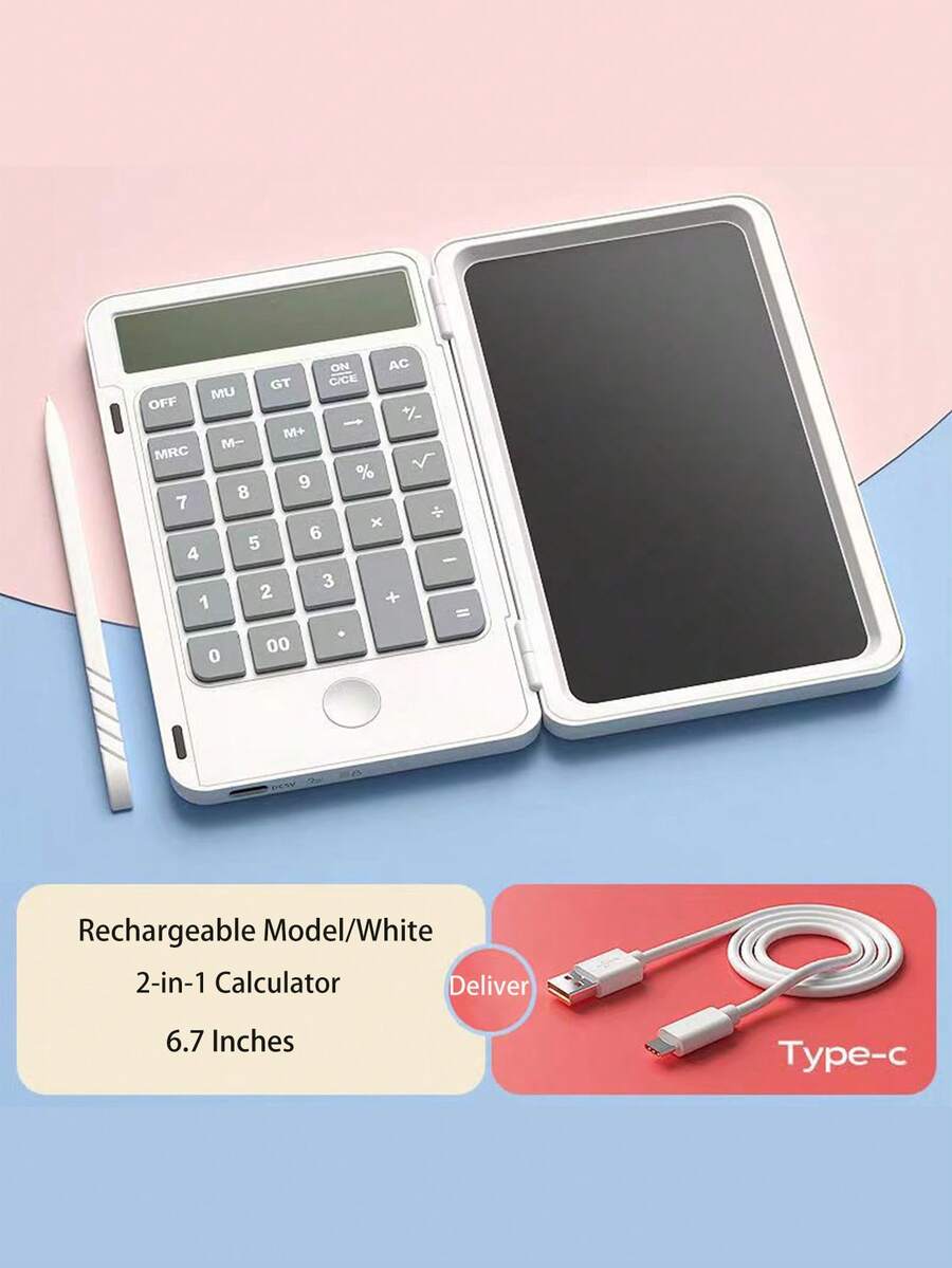 Rechargeable Calculator With Folding Lcd Writing Pad, Portable Scientific Calculator For Office Use - [Flagship Model] White - View 1