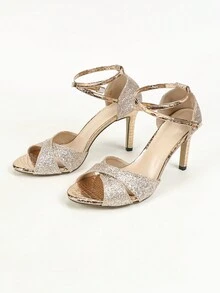 Women's Pointed Toe Slim High Heel Criss-Cross Ankle Strap Peep Toe Silver High Heel Sandals, Fashionable & Sexy - Rose Gold - View 8