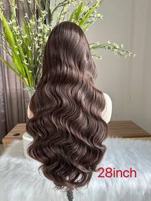 28英寸長波浪合成髮假髮,帶13*6蕾絲前髮,可覆蓋整個頭部 - 棕色 - 查看 4