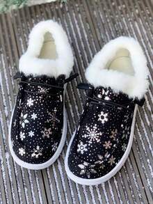 新款冬季女士時尚平底鞋,輕盈毛茸,保暖防寒防滑,雪上滑雪鞋,女士休閒運動平底鞋 - 黑色 - 查看 2