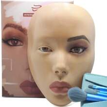 3d化妝練習臉盤-可重複使用的矽膠臉部模型,附帶4支化妝刷套裝和1個眼影練習支架 - 黃色 - 查看 1