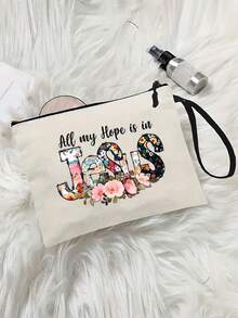 Jesus Is All My Hope Letter Pattern Cosmetic Bag, Biblical Letter Elements, Gift Representing Faith, Christmas Gift For Christianity, Beige Polyester Foldable Zipper Storage Bag With Handle, Toiletry Bag, Suitable For Personal Travel, College Student Cosmetics Storage, Back To School Gifts, Gifts For Christians, Fun Gifts - Beige - View 3