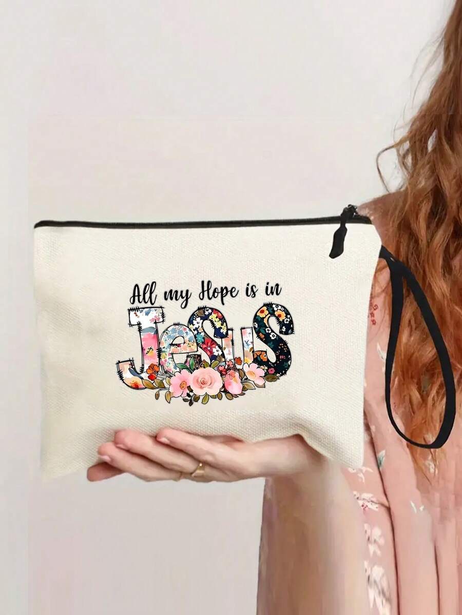 Jesus Is All My Hope Letter Pattern Cosmetic Bag, Biblical Letter Elements, Gift Representing Faith, Christmas Gift For Christianity, Beige Polyester Foldable Zipper Storage Bag With Handle, Toiletry Bag, Suitable For Personal Travel, College Student Cosmetics Storage, Back To School Gifts, Gifts For Christians, Fun Gifts - Beige - View 1