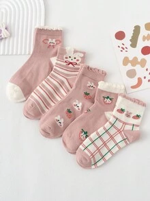 5pairs Cute Rabbit, Strawberry, Checkered & Striped Design Fashionable Mid-calf Socks For Daily Wear - Multicolor - View 1