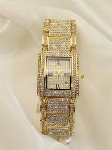 New Arrival! 1pc Women's Alloy Steel Strap Classic Luxury Square Shape Full Diamond Watch Dial With Starry Sky Quartz Movement, Perfect Gift For Daily Wear And Decoration - Gold - View 2