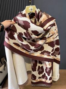 1件女用2023秋冬新款豹紋仿羊絨提花保暖圍巾披肩適合日常使用 - 咖啡棕 - 查看 1