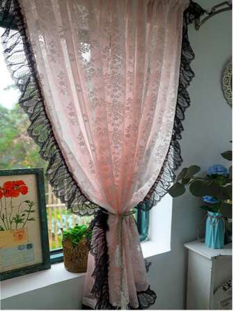 1Panel Vintage Girl Black Lace Pink Sheer Curtains Floral Jacquard Romantic Cafe Door Curtain Kitchen Home Decoration Tulle Drapes